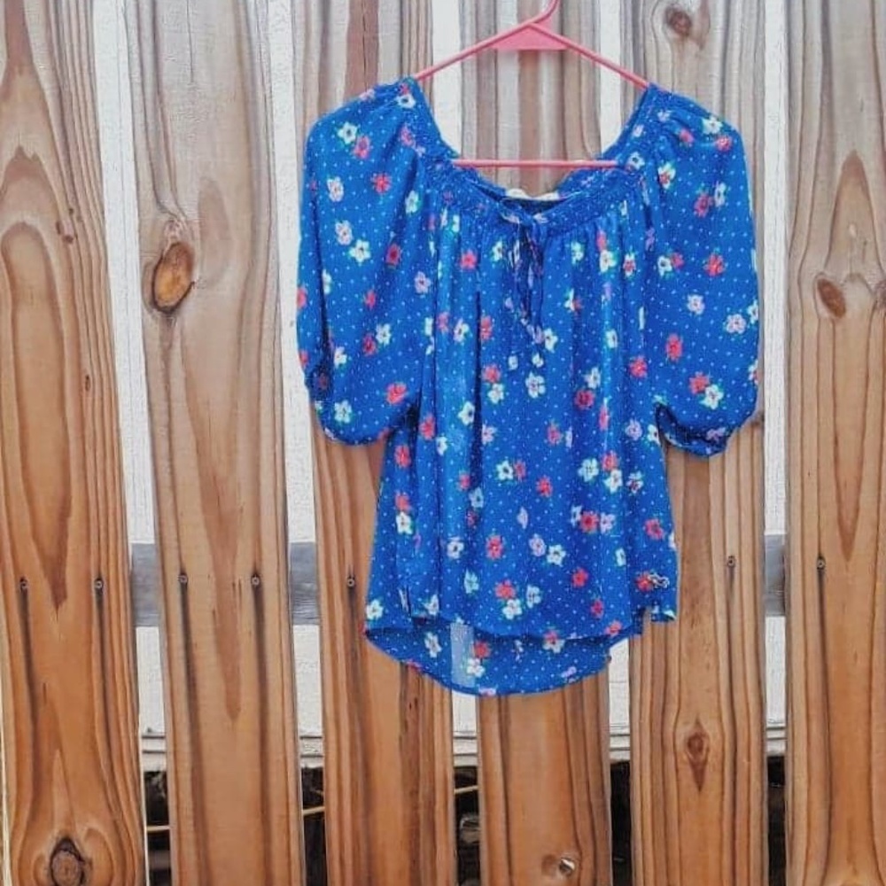 Hollister Blue Floral Blouse Short Sleeve Top M